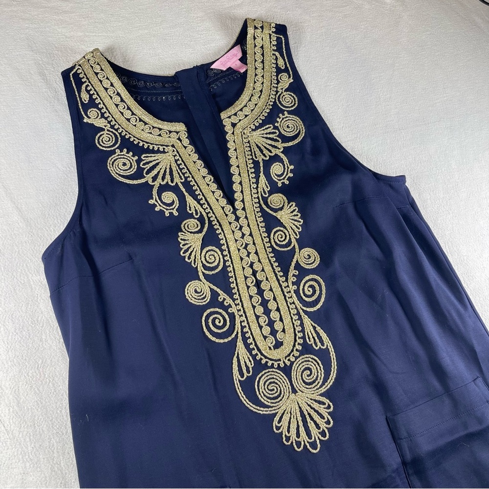 Lilly Pulitzer embroidered shift dress women’s size 8 navy gold resort wear